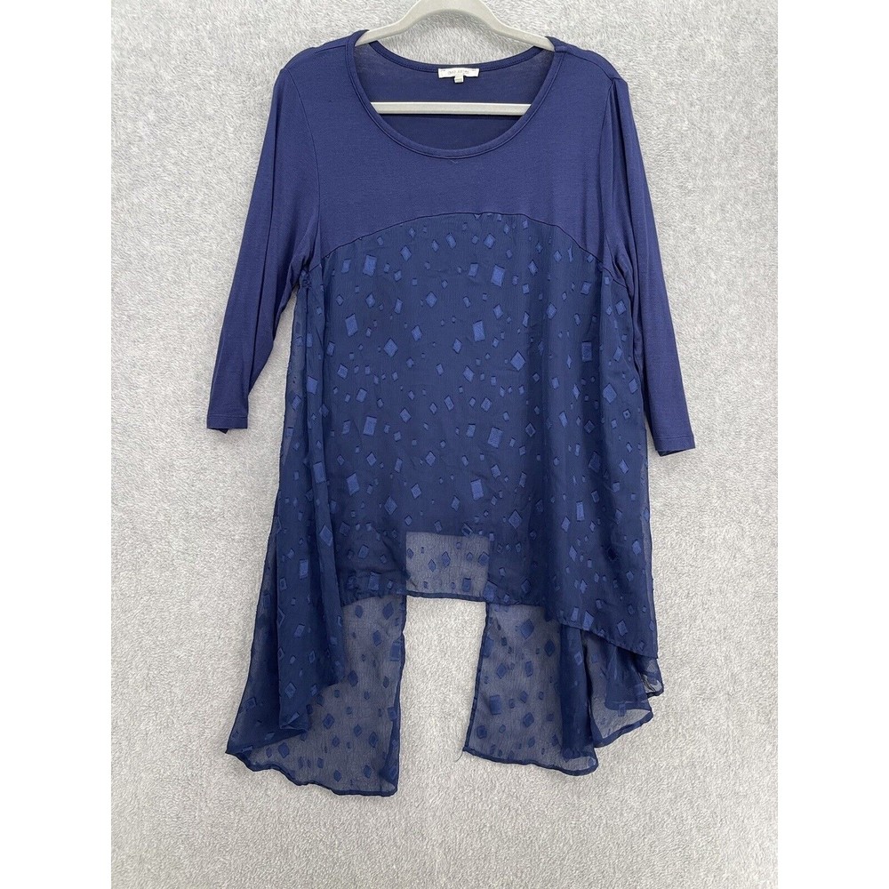 Ava James Women's Hi Low Blouse Sheer Solid Navy Blue Size Large Long Sleeve